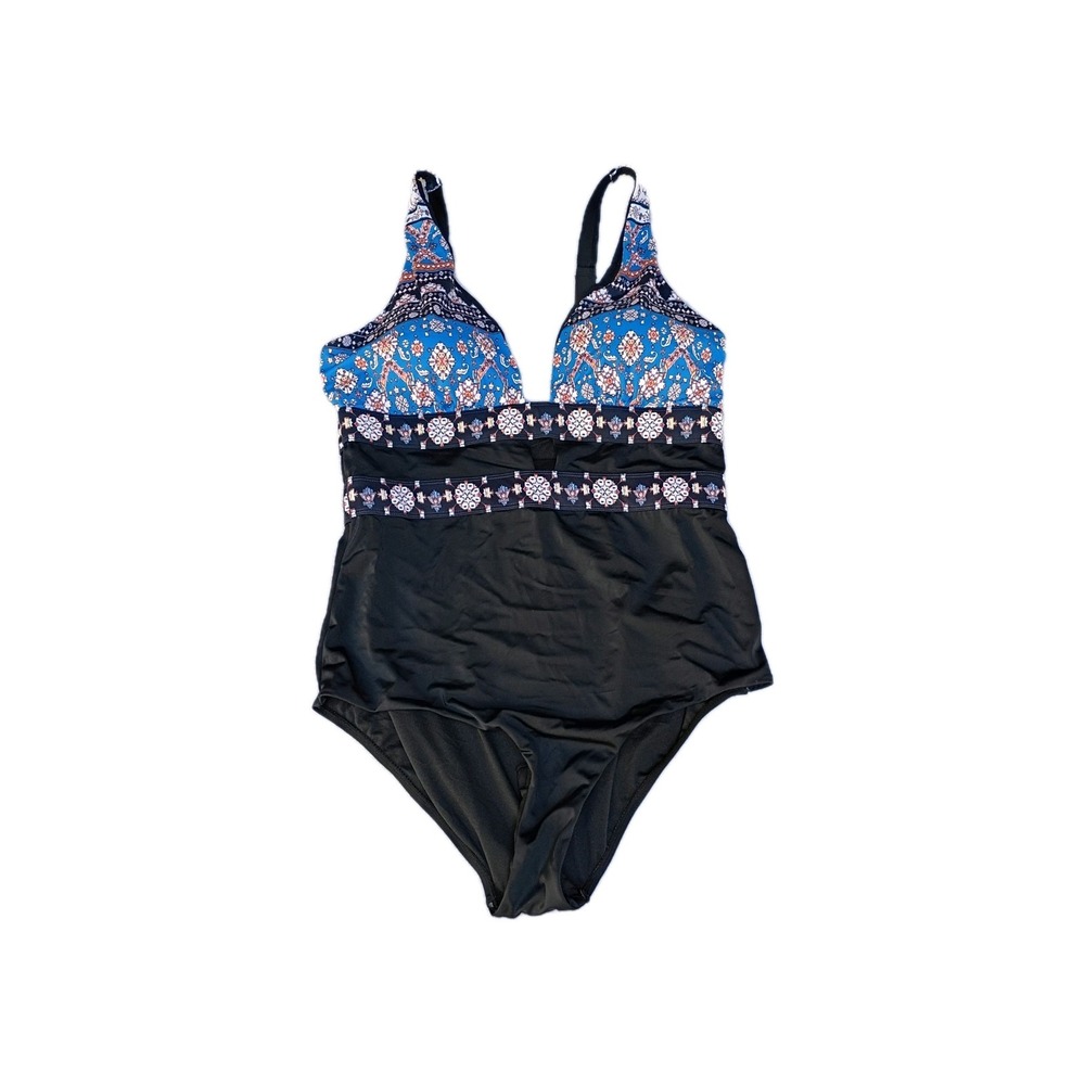 Meet Curve One Piece Swimsuit Women 2XL Black Blue Floral Boho V-Neck NWT